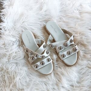 Marc Fisher White Prisca Metallic Silver Ball Studded Natural Jute Sole Sandals